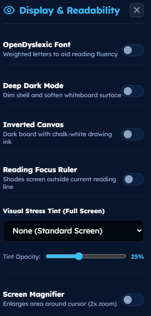 Display and Readability Modal: OpenDyslexic font, Deep Dark Mode, Inverted Canvas, Reading Ruler, Visual Stress Tint