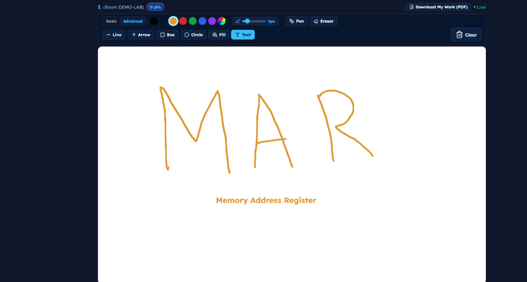 Student Digital Whiteboard showing handwriting MAR and typed Memory Address Register